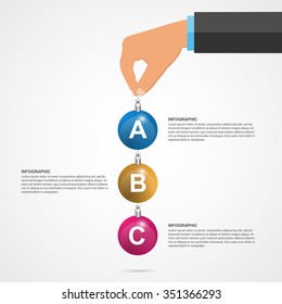 Abstract infographics design template with human hands holding the christmas balls. Vector illustration.