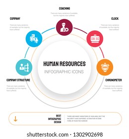 Abstract infographics of human resources template. company Structure, Company, Coaching, Clock, Chronometer icons can be used for workflow layout, diagram, business step options, banner, web design.