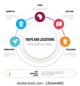 Abstract infographics of maps and locations template. Arrow On Map, Airport Pin, Africa, Add to Map icons can be used for workflow layout, diagram, business step options, banner, web design.