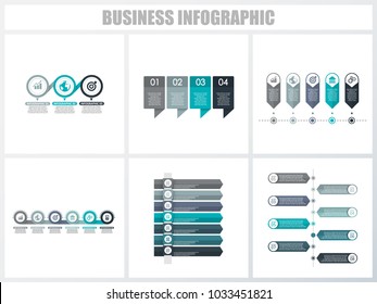 Abstract infographics number options template 3, 4, 5, 6, 7, 8. Vector illustration. Can be used for workflow layout, diagram, strategy business step options, banner and web design set.