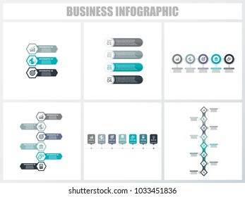 Abstract infographics number options template 3, 4, 5, 6, 7, 8. Vector illustration. Can be used for workflow layout, diagram, strategy business step options, banner and web design set.