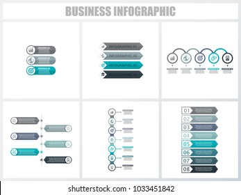 Abstract infographics number options template 3, 4, 5, 6, 7, 8. Vector illustration. Can be used for workflow layout, diagram, strategy business step options, banner and web design set.