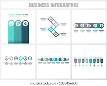 Abstract infographics number options template 3, 4, 5, 6, 7, 8. Vector illustration. Can be used for workflow layout, diagram, strategy business step options, banner and web design set.