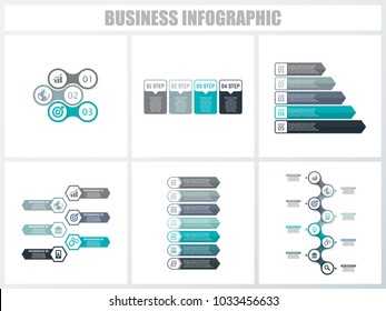 Abstract infographics number options template 3, 4, 5, 6, 7, 8. Vector illustration. Can be used for workflow layout, diagram, strategy business step options, banner and web design set.