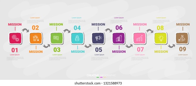 Abstract Infographics Number Options Template With Steps, With 9 Label. Can Be Used For Workflow Layout, Diagram, Business Step Options, Banner, Web Design. Vector Eps 10