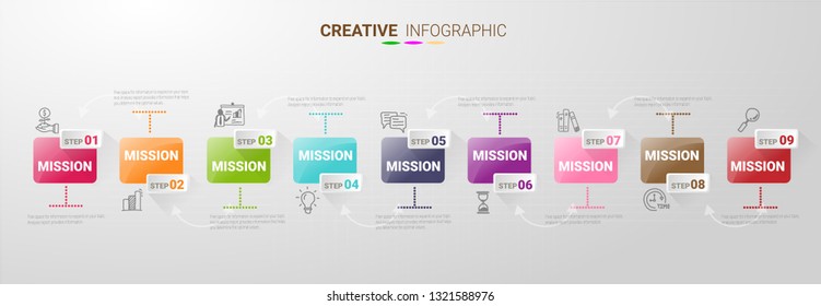 Abstract Infographics Number Options Template With Steps, With 9 Label. Can Be Used For Workflow Layout, Diagram, Business Step Options, Banner, Web Design. Vector Eps 10