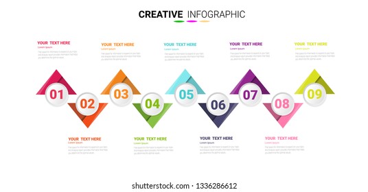 Abstract Infographics Number Options Template With Steps, With 9 Label. Can Be Used For Workflow Layout, Diagram, Business Step Options, Banner, Web Design. Vector Eps 10