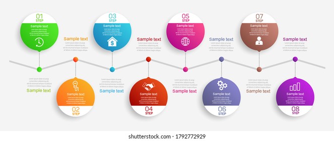 Vorlage für abstrakte Infografik-Zahlenoptionen mit bunten Kreisen und 8 
 Stufen. Kann für das Workflow-Layout, Diagramm, Geschäftsoptionen, Banner, Webdesign verwendet werden