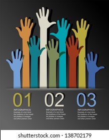   Abstract infographics with numbered elements and  colorful raised hands. This work - eps10 vector file, contain transparent elements
