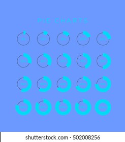 Abstract infographics, pie chart data, show the percentage from 5 percent to 100 percents. Blue colors.