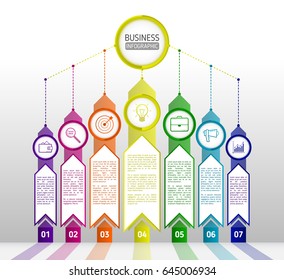 Abstract infographics template with arrows. Flat design elements. Infographics seven options with number, icons and Information text. Abstract business concept with 7 options or steps. Vector eps 10