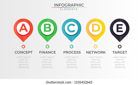 Abstract infographics timeline with 5 steps colorful pin point elements. Chart process template. Modern vector for company or corporate business project and presentation. Trendy Eps10 design