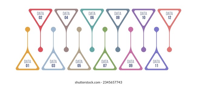 Abstrakte Infografik-Vektorvorlage mit 12 dreieckigen Farbelementen. Flaches design, Vektorgrafik für Geschäftsvorführungen oder Informationsbanner, einzeln auf weißem Hintergrund.