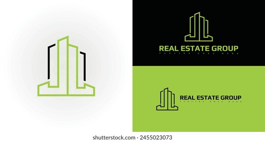 Abstract initial building letter JL or LJ logo in black and green color isolated on multiple background colors. The logo is suitable for property and real estate company icon logo design inspiration