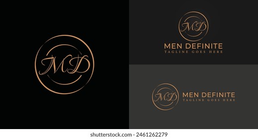 Abstract initial circle letter MD or DM logo in luxury gold color isolated on multiple background colors. The logo is suitable for luxury men's perfume brand logo design inspiration templates.