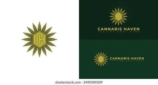 Abstract initial hexagon letter CH or HC logo in green color isolated on multiple background colors. The logo is suitable for cannabis dispensary brand logo design inspiration templates.