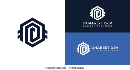 Abstract initial hexagon letter D or DD logo in deep blue color isolated on multiple background colors. The logo is suitable for cyber security and safety electronic devices logo design inspiration