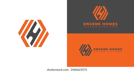 Abstract initial hexagon letter EH or HE logo in orange-black color isolated on multiple background colors. The logo is suitable for home builders' business service logo design inspiration templates.