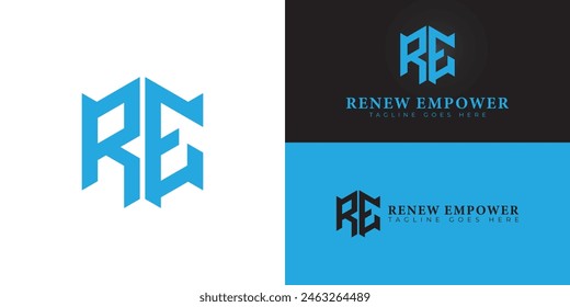 Abstract initial hexagon letter RE or ER logo in blue color isolated on multiple background colors. The logo is suitable for electrical contractor company logo design inspiration templates.