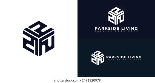 Abstract initial hexagon letter PL or LP logo in deep blue color isolated on multiple background colors. The logo is suitable for Property Development company logo design inspiration templates.