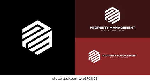 Abstract initial hexagon letter PM or MP logo in white color isolated on multiple background colors. The logo is suitable for property management company logo design inspiration templates.