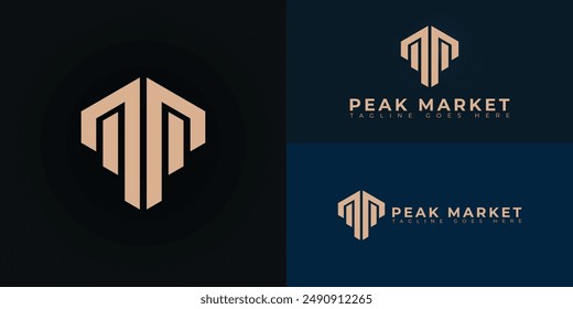 Abstractas hexágono inicial PM o MP logo en color dorado aislado en múltiples colores de fondo. El logotipo es adecuado para Plantillas de inspiración de diseño de logotipo de negocios inmobiliarios y de propiedad.