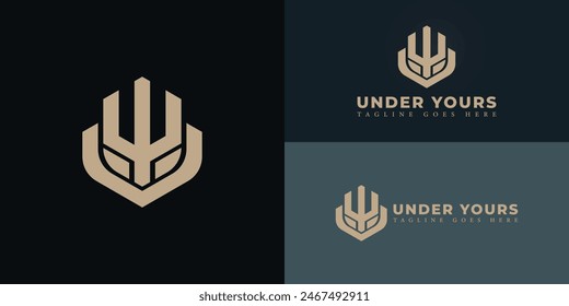 Abstract initial hexagon letter UY or YU logo in luxury gold color isolated on multiple background colors. The logo is suitable for motorcycle club logo design inspiration templates.