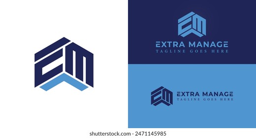 Abstract initial hexagon letters EM or ME logo in blue color isolated on multiple background colors. The logo is suitable for business management company logo design inspiration templates.