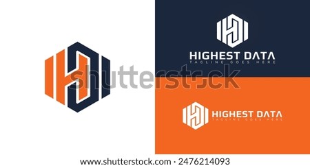 Abstract initial hexagon letters HD or DH logo in orange-navy color isolated on multiple background colors. The logo is suitable for business and technology logo design illustration inspiration