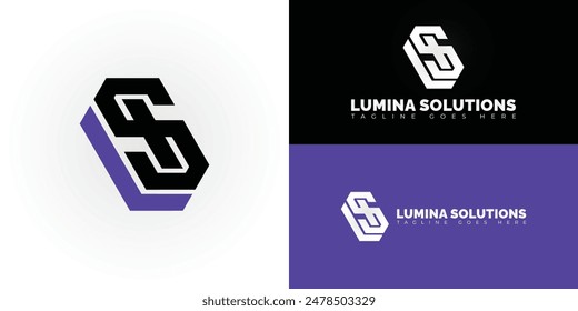 Abstract initial hexagon letters LS or SL logo in black-purple color isolated on multiple background colors. The logo is suitable for business and consulting company logo design illustration