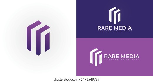 Abstract initial hexagon letters RM or MR logo in gradient purple color isolated on multiple background colors. The logo is suitable for real estate media business logo design illustration