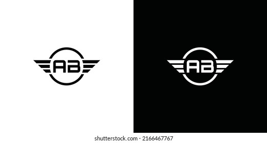 abstract initial letter AB logo in black and white color with wings ornament in circle shape