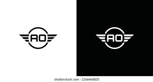 abstract initial letter AO logo in black and white color with wings ornament in circle shape