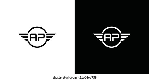 abstrakter Anfangsbuchstabe AP-Logo in schwarz-weißer Farbe mit Flügelverzierungen in kreisförmigen Formen