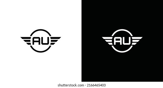 letra inicial abstracta logotipo AU en color blanco y negro con alas ornamentadas en forma de círculo