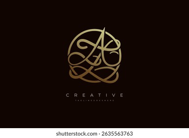 Abstract initial letter AZ calligraphy Logo, Luxury letter AZ in gold circle design, vector illustration