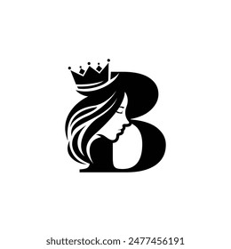 Abstract initial letter b combined with beauty girl using a queen crown. Typography vector illustration