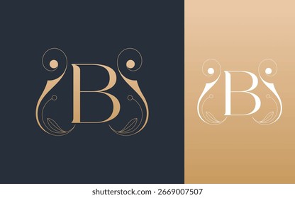 Letra inicial B e desenho do logotipo da decoração floral da folha de redemoinho ilustração vetorial