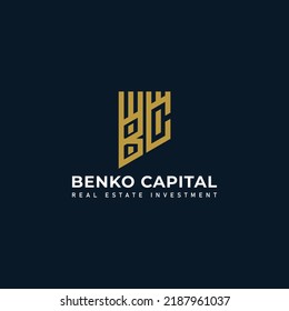 Abstract initial letter BC or CB logo in gold color isolated in navy background applied for capital investment company logo also suitable for the brands or companies have initial name BC or CB.