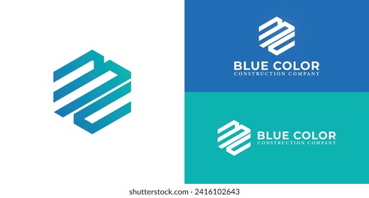 Abstract initial letter BC or CB logo, Blue Cube Logo Design Template in blue green color isolated on a white and blue background applied for the Construction Company logo design inspiration template