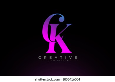 Abstract initial letter C and K logo, Blue Red Gradient light text effect, usable for branding and business logos, Flat Logo Design Template, vector illustration