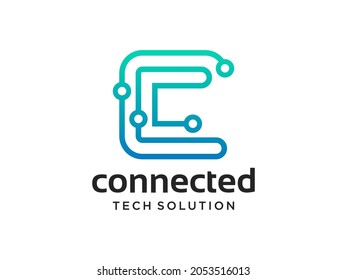 Abstract Initial Letter C  Logo. Blue Gradient Circular Rounded with Connected Dots. Usable for Business and Technology Logos. Flat Vector Logo Design Template Element.