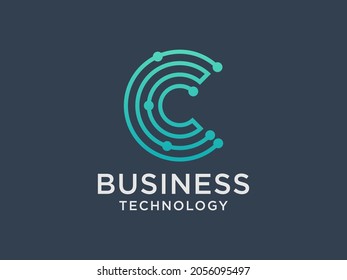 Abstract Initial Letter C Logo. Blue Gradient Circular Line with Connected Dots isolated on Blue Background. Usable for Business and Technology Logos. Flat Vector Logo Design Template Element.