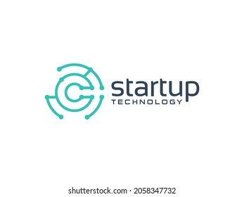 Abstract Initial Letter C Logo. Blue Circular Line with Connected Dots isolated on White Background. Usable for Business and Technology Logos. Flat Vector Logo Design Template Element.