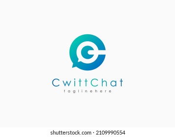 Resumen Logo De La Letra Inicial C. Discurso de degradado azul Burbuja Estilo lineal con espacio negativo charla Icono forma Cabeza Pájaro y Ojos aislados en fondo blanco. Diseño de logotipo de vectores planos