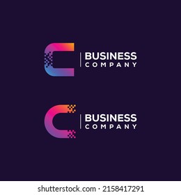 Resumen de diseño de logotipo de carta C con forma cuadrada de píxeles para la empresa de tecnología y negocios digitales
