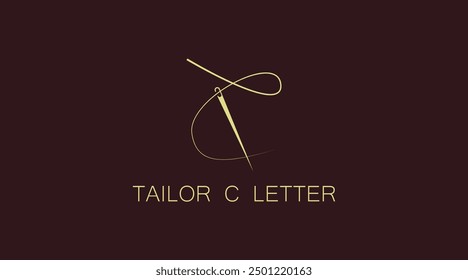 Abstract Initial Letter C Tailor logo, thread and needle combination with gold color line style , Flat Logo Design Template, vector illustration