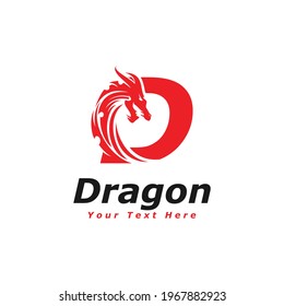 Abstract Initial Letter D Combined with Red Dragon Head Silhouette Logo Design. Graphic Design Element.