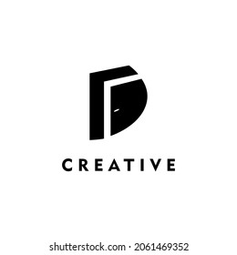 Resumen de la letra inicial D con el logotipo del espacio negativo de la puerta aislado en fondo negro. Usable para logotipos de identidad, de negocios y de marca. Elemento de plantilla de diseño de logotipo de vectores planos