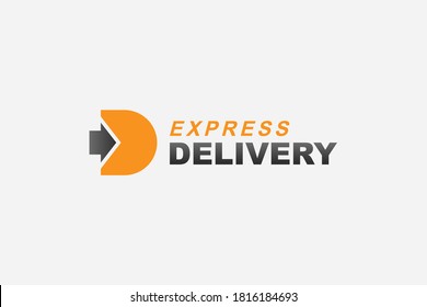 Abstract Initial Letter D Logo. Orange Shape D Letter with Black Right Arrow isolated on White Background. Usable for Business and Delivery Logos. Flat Vector Logo Design Template Element.